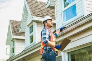 Roofing Contractors. A Man With Hard Hat Standing On Steps Inspecting House roof.