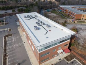 Commercial Roofing. Drone Images Of Top of Commercial Roof.