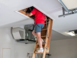 Roofing Contractors. Man inspecting attic insulation. Male homeowner climbing wooden pull down attic ladder.